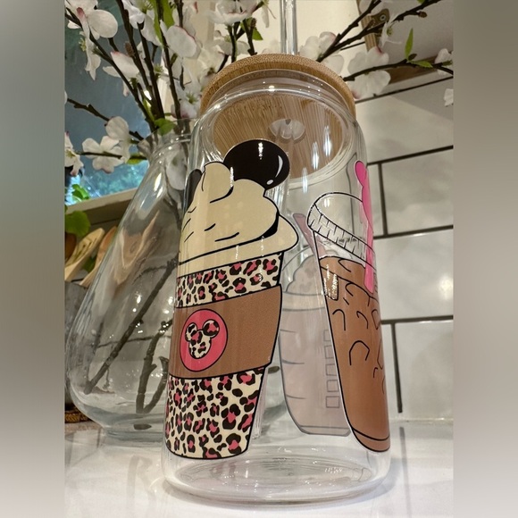 MICKEY MOUSE Glass Cup Coffee Tea Wine with Bamboo lid and Glass Straw NWT 16 oz - Picture 1 of 6